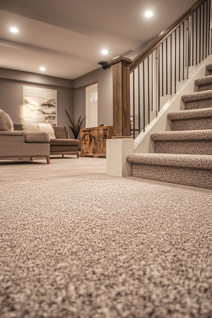 Alfombra en escalera y sala familiar