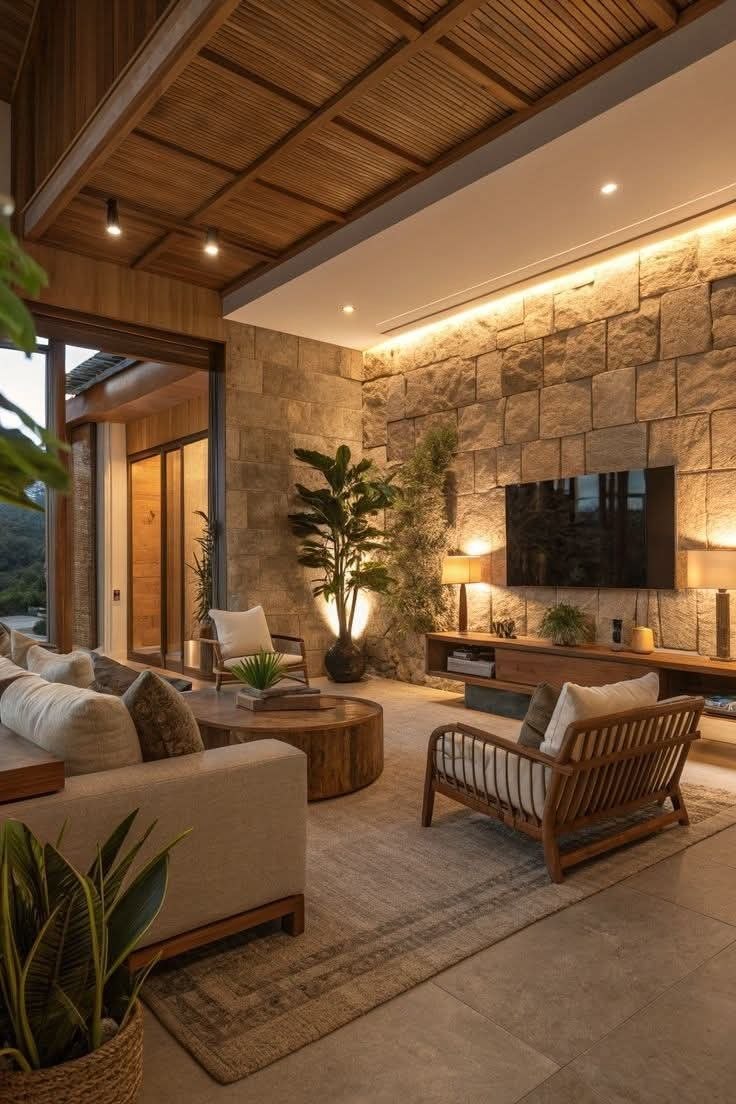 Tapete en sala con muro de piedra y plafón de madera