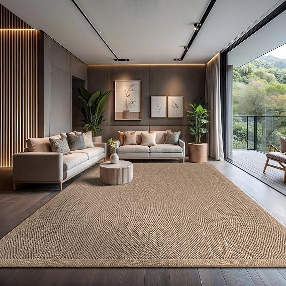 Tapete de sisal con tejido espiga en una sala contemporánea