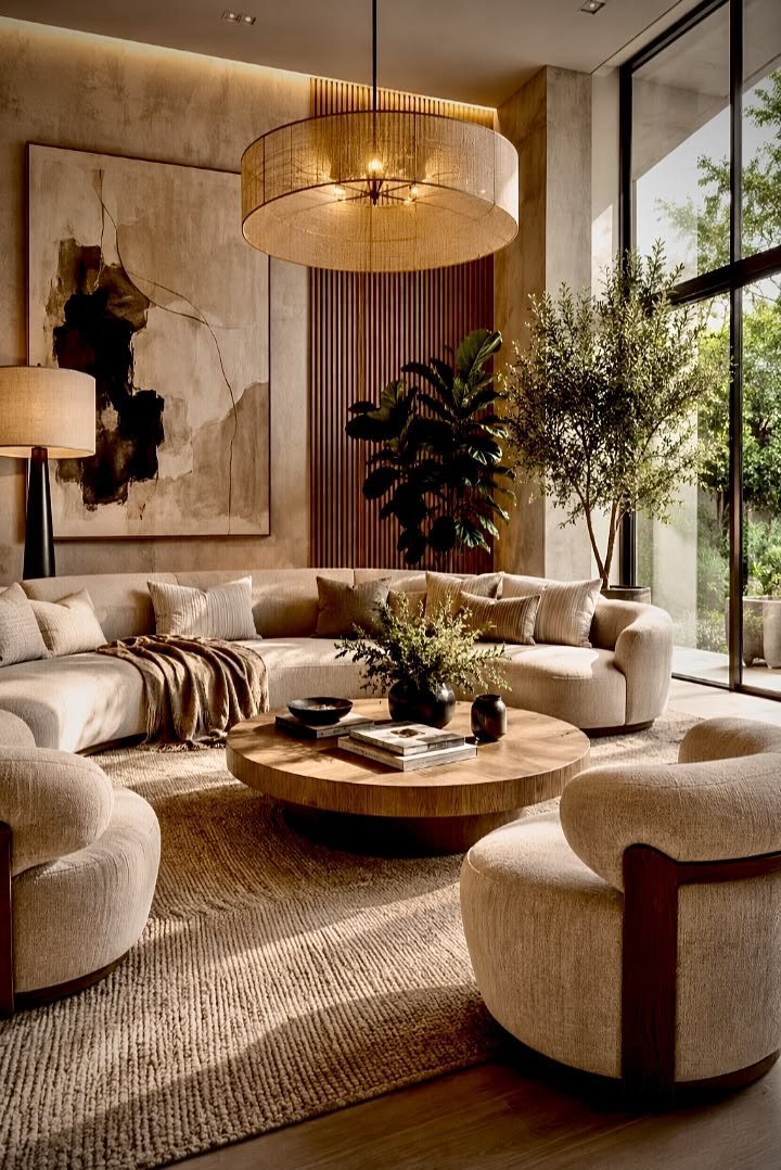 Tapete tejido bajo sala con sofá curvo y mesa de madera