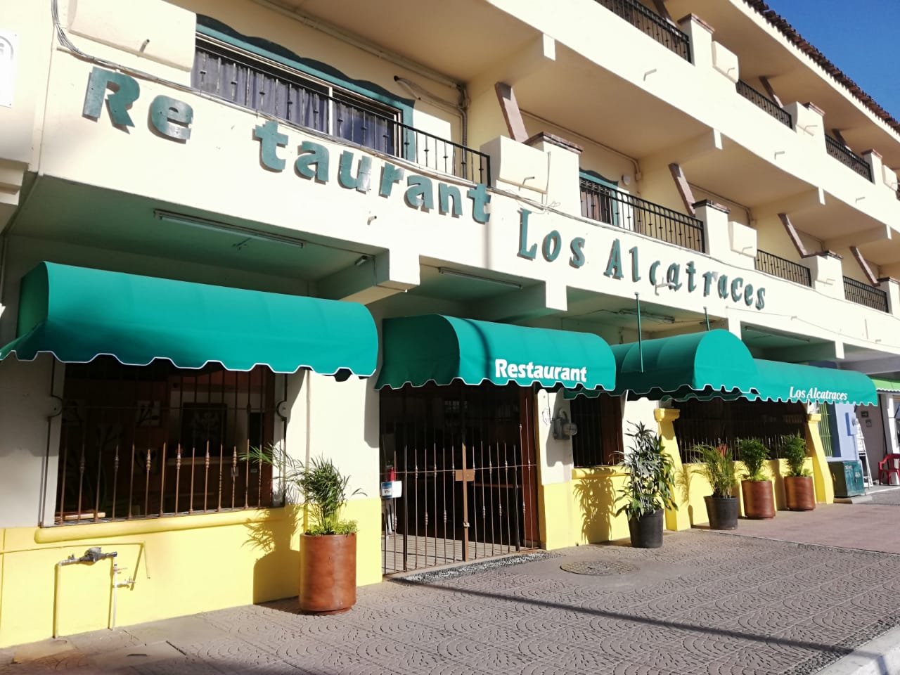 Toldos fijos verdes cubriendo la fachada y la terraza de un restaurante